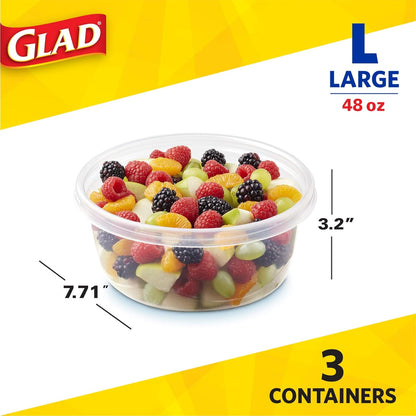 ware Big Bowl Food Storage Containers with Lids, Large round No BPA Plastic Containers for Soups, Salads, and Meal Prep, Lock Tight Seal, Microwave Dishwasher Safe, 48 Oz, 3 Count