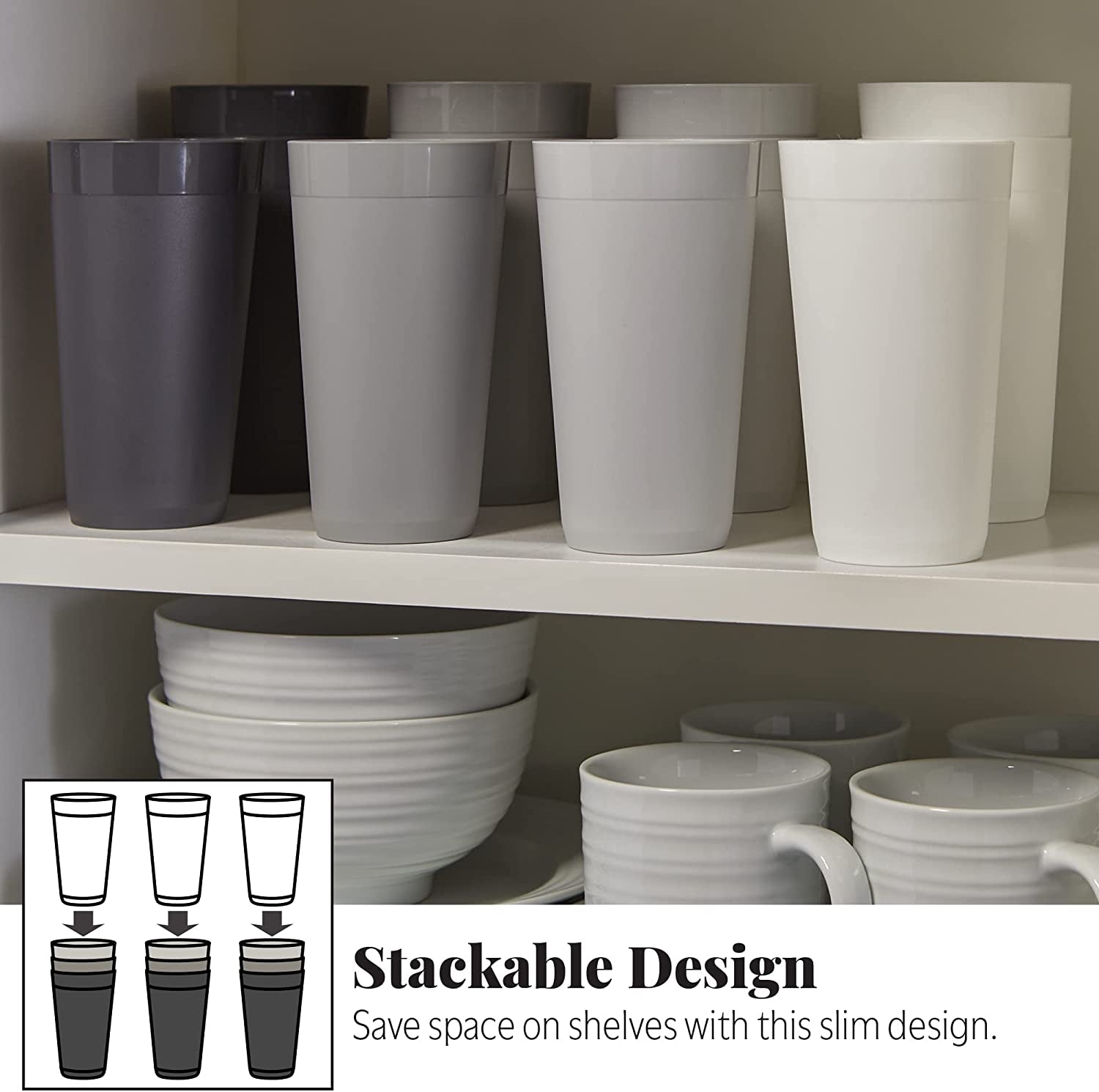 Newport 20 Ounce Unbreakable Plastic Stackable Water Tumblers in Grey Stone | Set of 12 Drinking Cups | Reusable, Bpa-Free, Made in the USA, Top-Rack Dishwasher and Microwave Safe