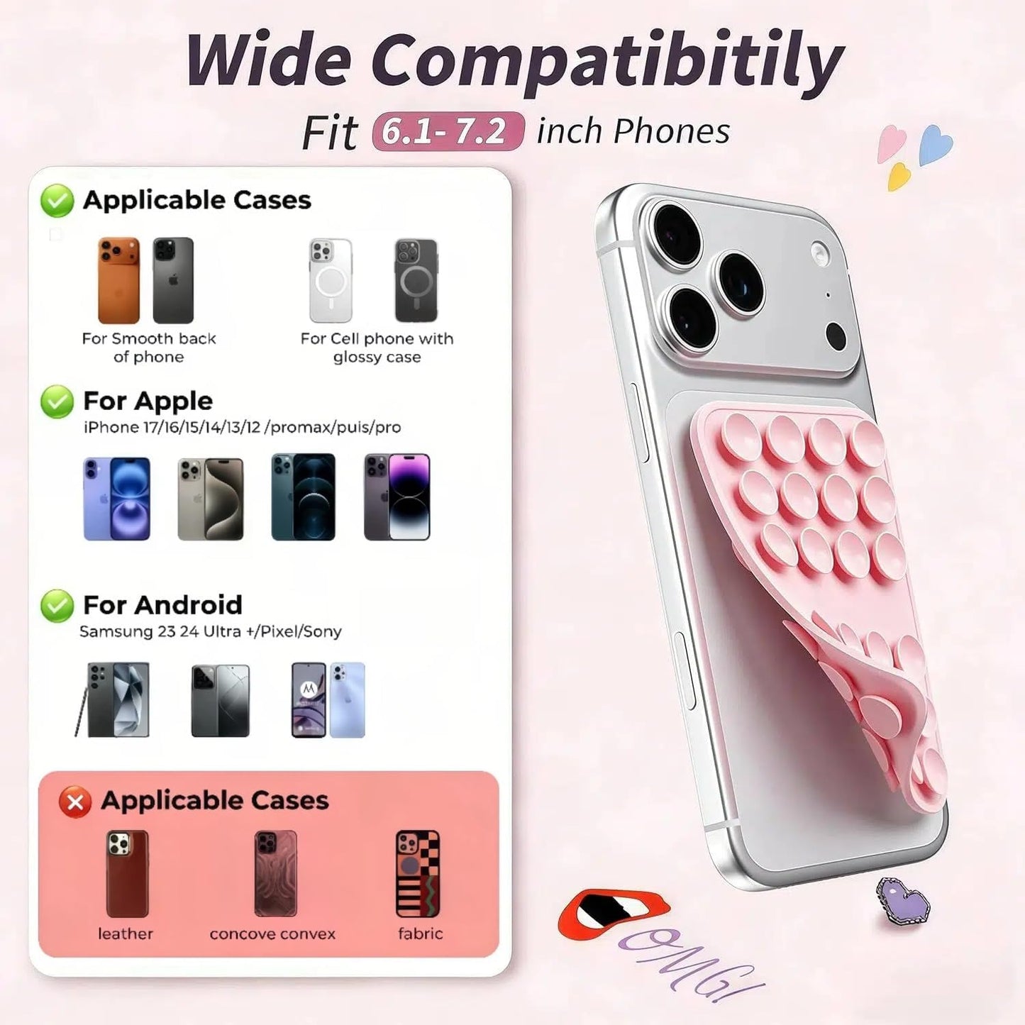 Upgraded Double Sided Silicone Suction Cup Phone Case Mount, Sticky Phone Grip Holder for Hands-Free Selfes & Videos, Reusable Silicone Phone Suction Grip for Iphone & Android, Light Pink