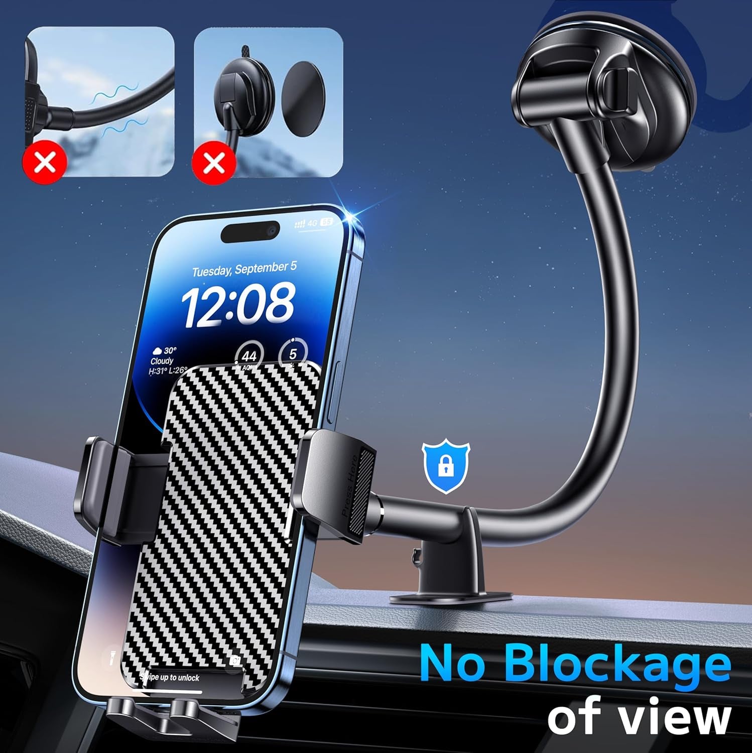 Phone Holders for Your Car [Long Flexible Neck] Car Phone Mount [Anti-Shake Stabilizer] Cell Phone Holder Car for Dashboard Windshield Automotive Accessories Fit for Iphone Android Smartphone