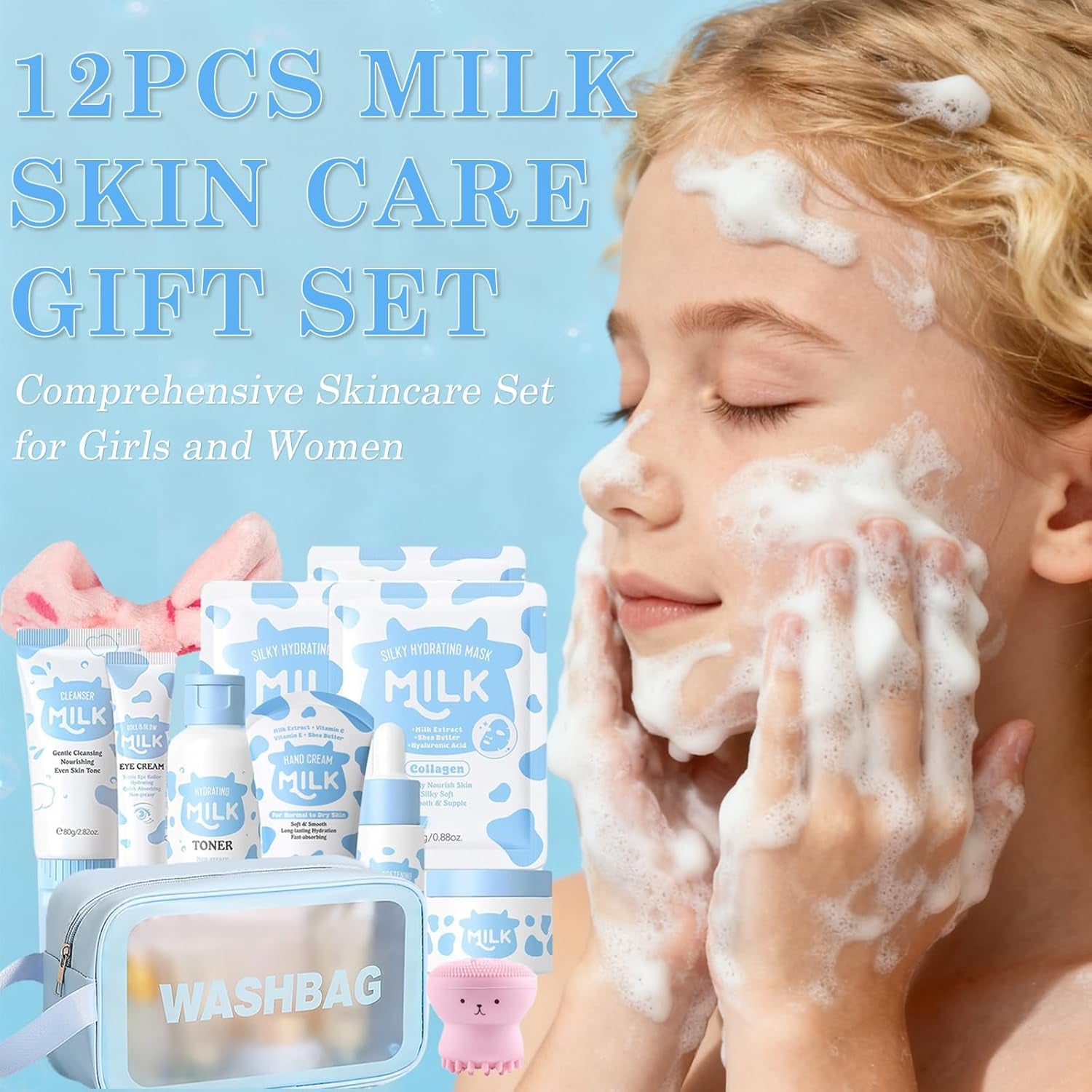 Milk Skin Care Set for Kids & Teens, 12 in 1 Moisturizing & Gentle Milk Skin Care for Teens Girls Ages 8-12, Face Care Kit, Milk Skincare for Girls 10-12, Bulk Birthday Gifts, Daughter Gifts, 12PCS
