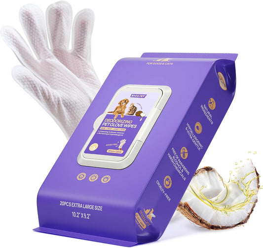 Dog Wipes Cleaning Deodorizing Glove Wipes for Dogs, Cats & Horses, Vet Recommended Hypoallergenic Hydrating & Nourishing Pet Wipes for Eyes, Ears, Butt & Paws, No-Rinse, 20Pcs Coconut Scent