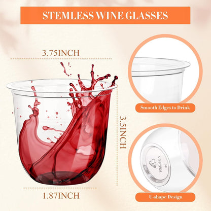 100 Pcs Disposable Stemless Glasses 12Oz Crystal Plastic Wine Glasses Clear Classic Cup for Meeting Weddings Birthdays Cocktail Christmas Party Supplies