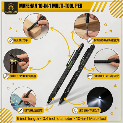 Multi-Tool Pen Set, 2 Pack 10-In-1 Tech Gadget with LED Light, Screwdriver Bits, Bubble Level, Ruler, Stylus, Compact EDC Pocket Tools for Men, Handyman