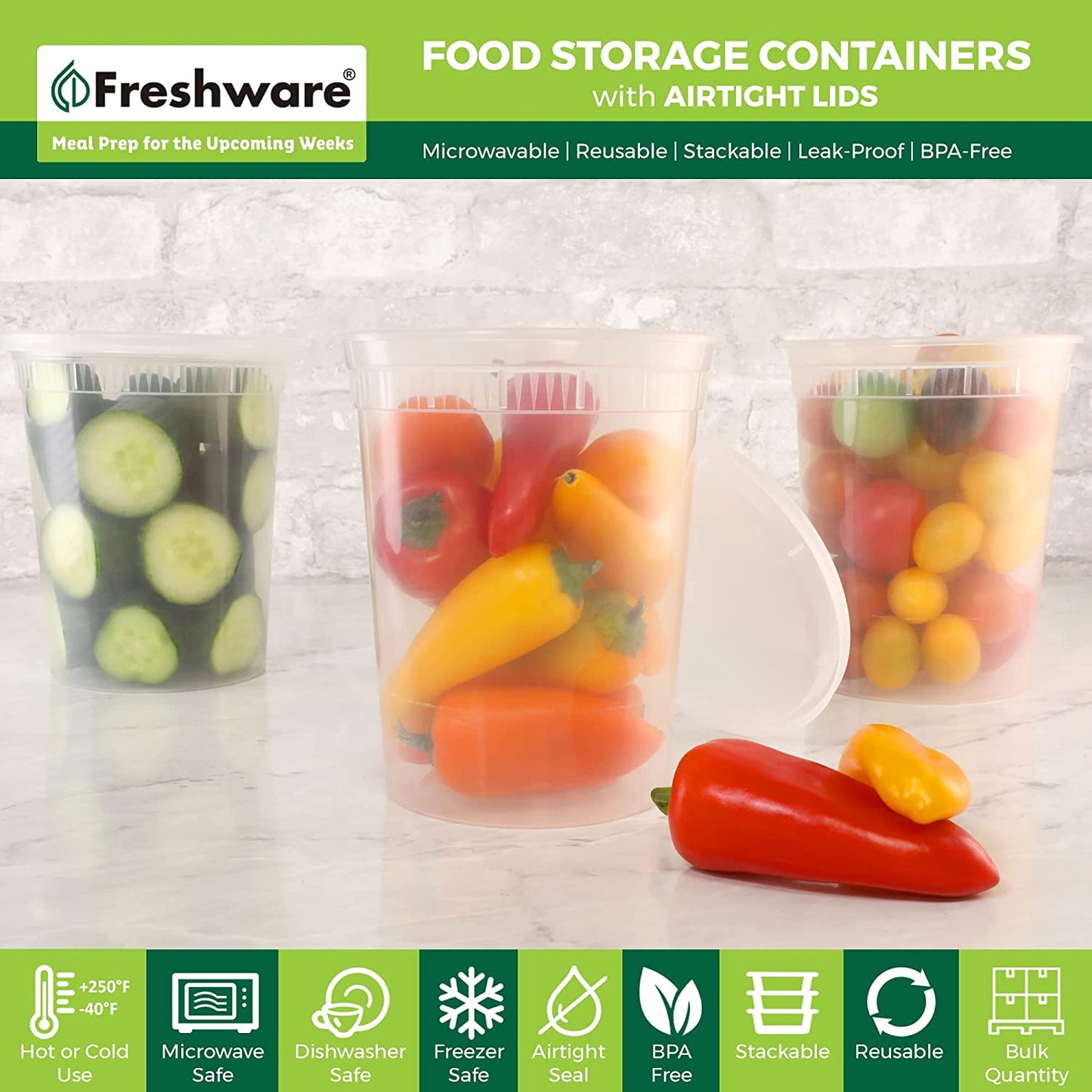 Freshware Food Storage Containers [24 Set] 32 Oz Plastic Deli Containers with Lids, Slime, Soup, Meal Prep Containers, BPA Free, Stackable, Leakproof, Dishwasher and Freezer Safe, Translucent
