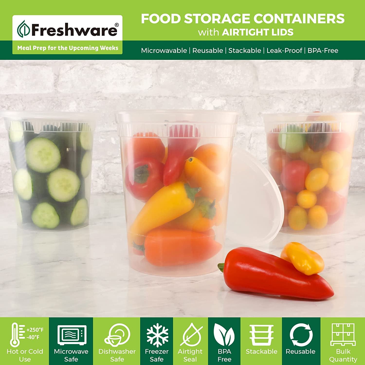 Freshware Food Storage Containers [24 Set] 32 Oz Plastic Deli Containers with Lids, Slime, Soup, Meal Prep Containers, BPA Free, Stackable, Leakproof, Dishwasher and Freezer Safe, Translucent