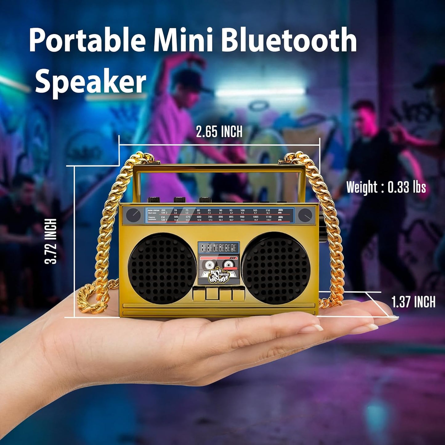 Portable Bluetooth Speakers, Retro Speakers Bluetooth Wireless Wearable Mini Bluetooth Boombox with 27” Neck Chain, FM Radio, On-Board Buttons, Dual 3W Peak Power Bluetooth Speaker for Home & Travel