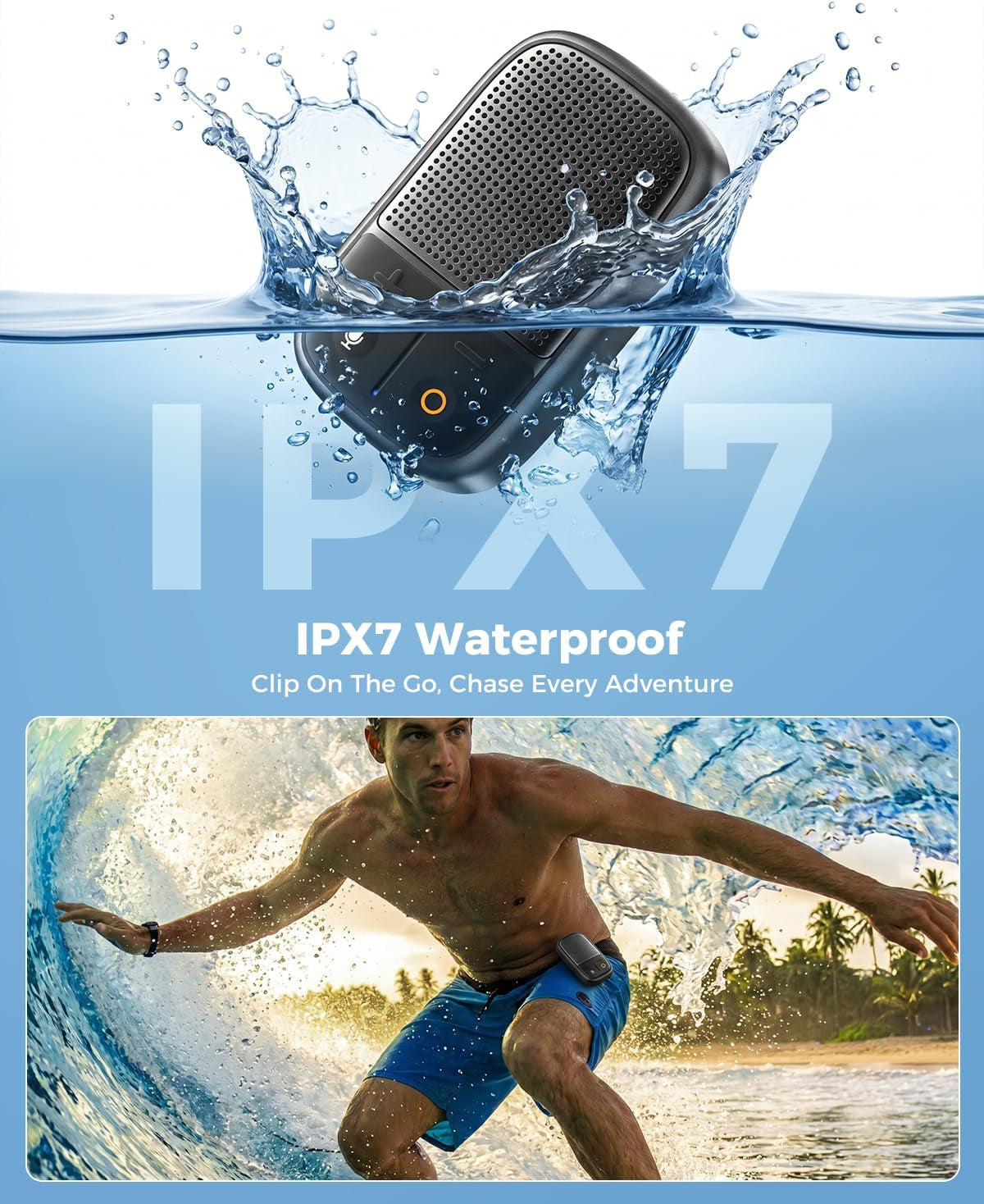 (Updated Version) Wearable Bluetooth Speaker with Voice Assistant & Mic, IPX7 Waterproof Clip-On Portable Speaker, TWS Pairing, up to 30H of Play, for Outdoor Golf Work Pool