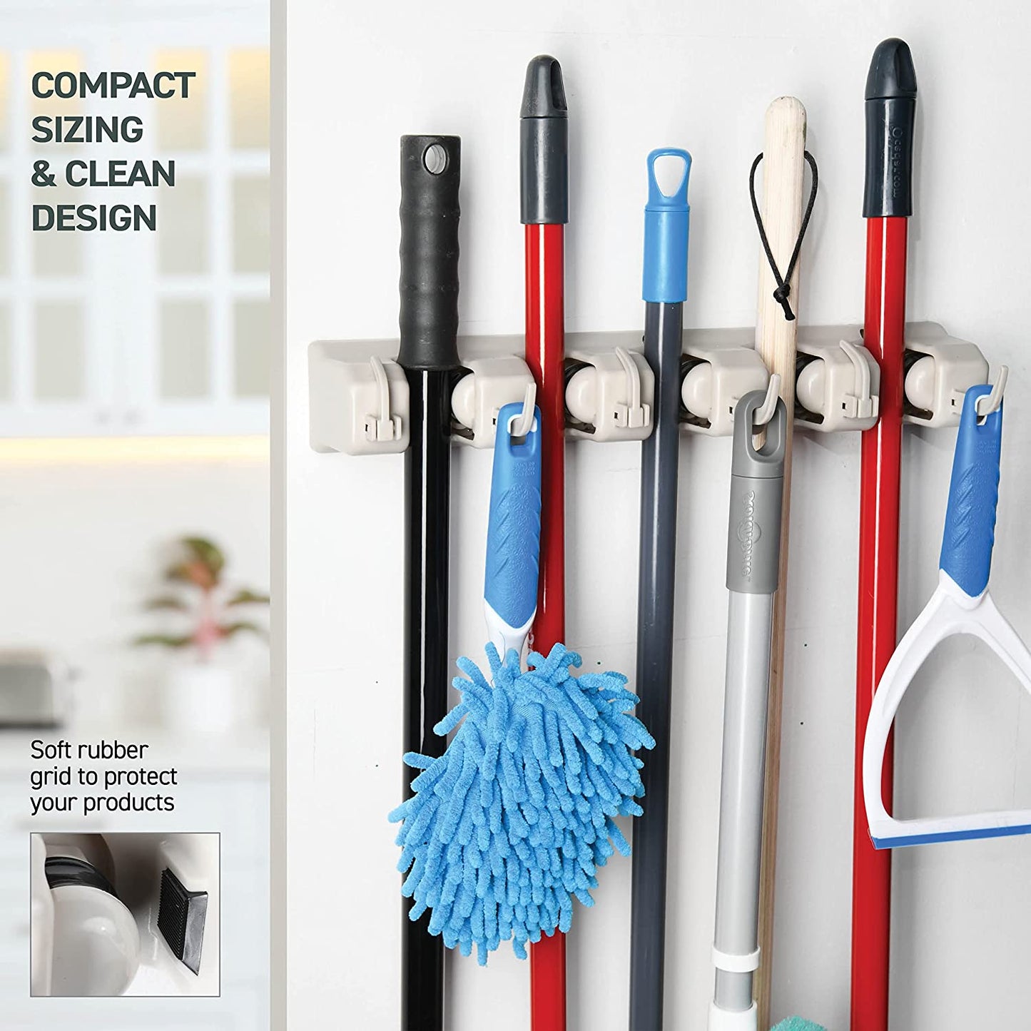 Broom and Mop Holder Wall Mount – Heavy Duty Garage Organizer with 5 Slots & 6 Hooks, 7.5Lbs Capacity per Slot - Easy Install Storage Rack for Home, Kitchen, Laundry Room & Garden - Off-White