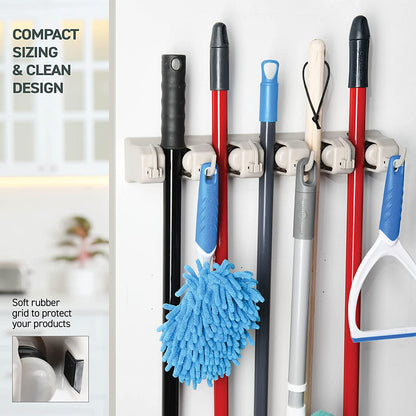 Broom and Mop Holder Wall Mount – Heavy Duty Garage Organizer with 5 Slots & 6 Hooks, 7.5Lbs Capacity per Slot - Easy Install Storage Rack for Home, Kitchen, Laundry Room & Garden - Off-White