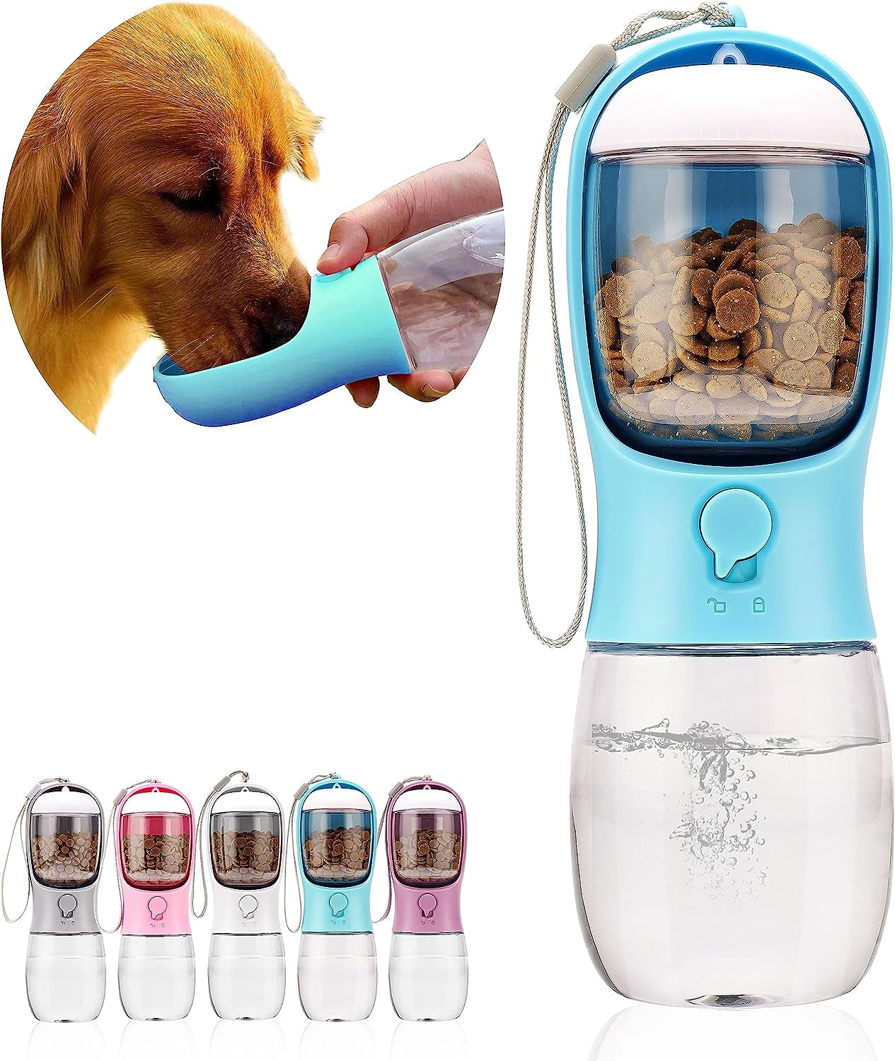 Dog Water Bottle with Food Container, Portable Leak Proof Pet Water Dispenser for Walking Hiking Travel, Puppy Essentials Accessories for Small Large Dogs, Dog Gifts (10Oz/15Oz/19Oz)