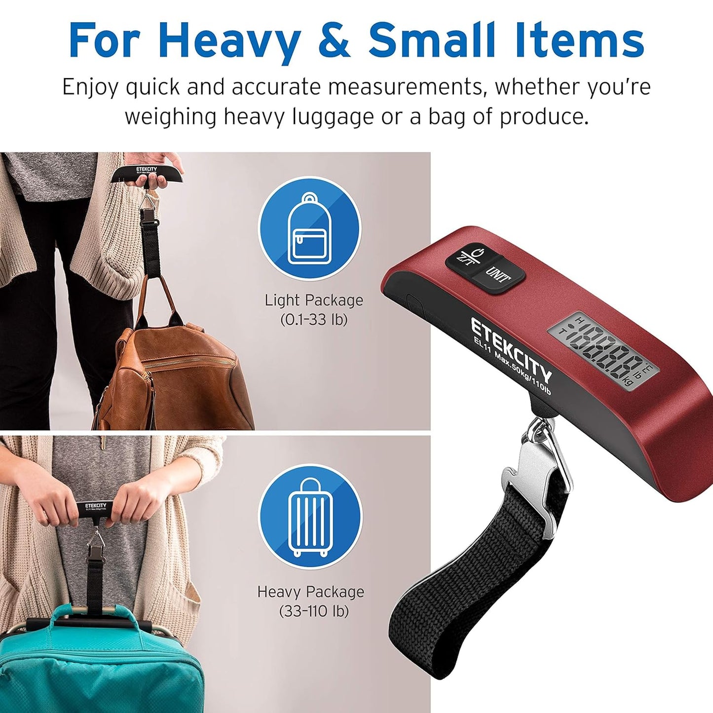 Luggage Scale, Digital Weight Scales for Travel Accessories Essentials Suitcases , Portable Handheld Scale with Temperature Sensor, Rubber Paint, 110 Pounds, Battery Included