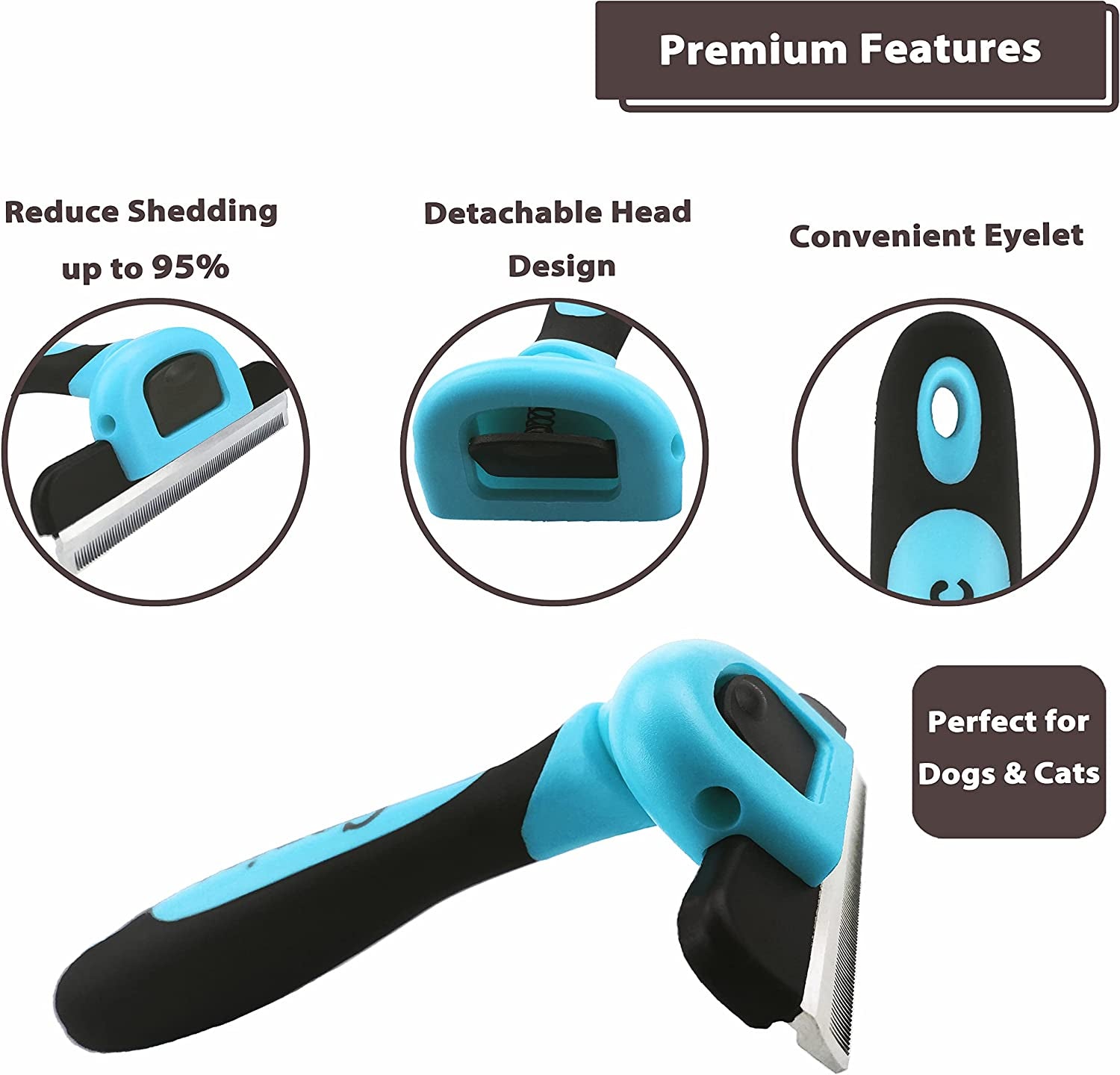 PDT- 1001 Professional Pet De Shedding Comb Tool Blue | Effectively Reduces Shedding by up to 95%, Ideal for Short, Medium, Long Hair, Ergonomic Non-Slip Handles, Durable and Stable