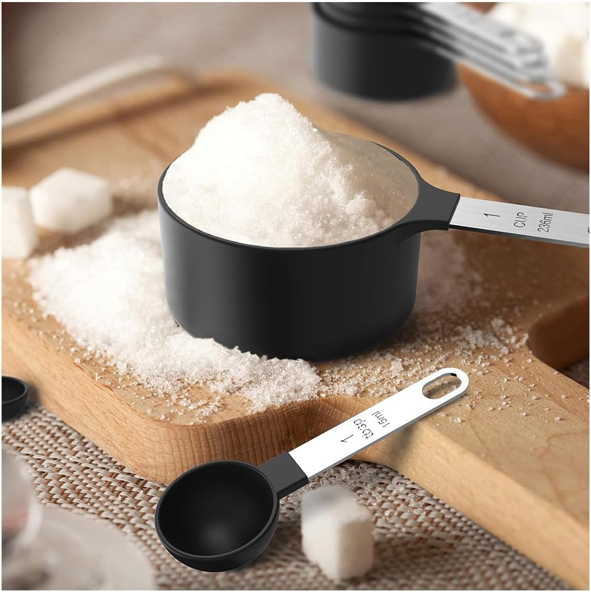 10Pcs Measuring Cups & Spoons Set, Stackable Cups and Spoons, Nesting Measure Cups with Stainless Steel Handle, Kitchen Gadgets for Cooking & Baking (Black)