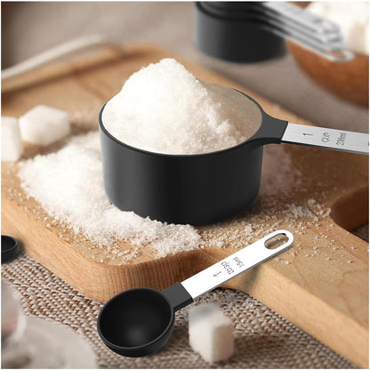 10Pcs Measuring Cups & Spoons Set, Stackable Cups and Spoons, Nesting Measure Cups with Stainless Steel Handle, Kitchen Gadgets for Cooking & Baking (Black)
