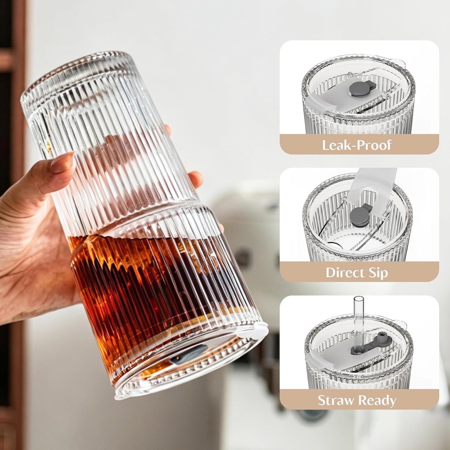 20 Oz Ribbed Glass Tumblers with Lids and Glass Straws – 4-Piece Glassware Set, Thickened Wall, Ideal for Iced Coffee, Smoothies, Cocktails, and Juices – Elegant and Durable Drinkware