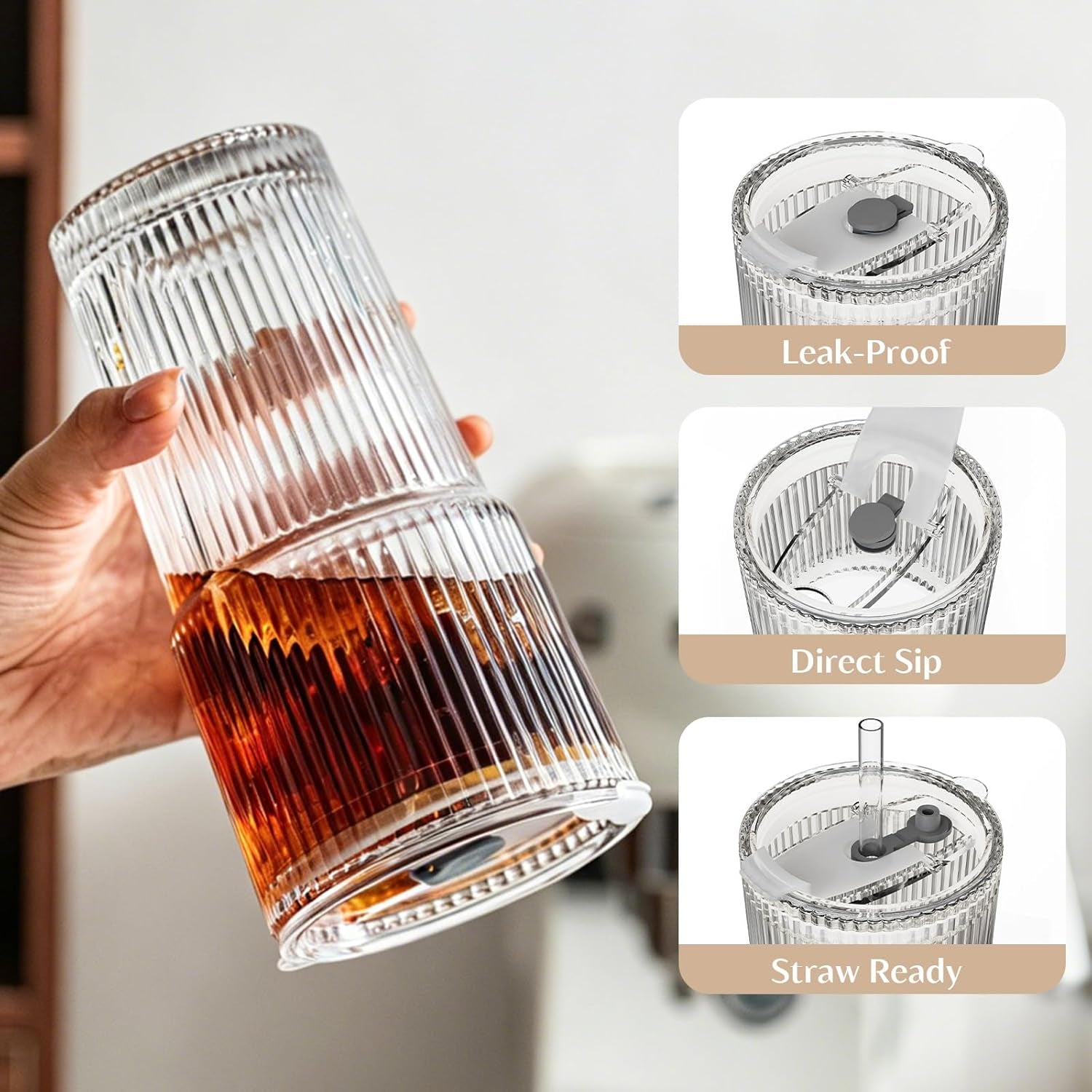 20 Oz Ribbed Glass Tumblers with Lids and Glass Straws – 4-Piece Glassware Set, Thickened Wall, Ideal for Iced Coffee, Smoothies, Cocktails, and Juices – Elegant and Durable Drinkware