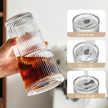 20 Oz Ribbed Glass Tumblers with Lids and Glass Straws – 4-Piece Glassware Set, Thickened Wall, Ideal for Iced Coffee, Smoothies, Cocktails, and Juices – Elegant and Durable Drinkware