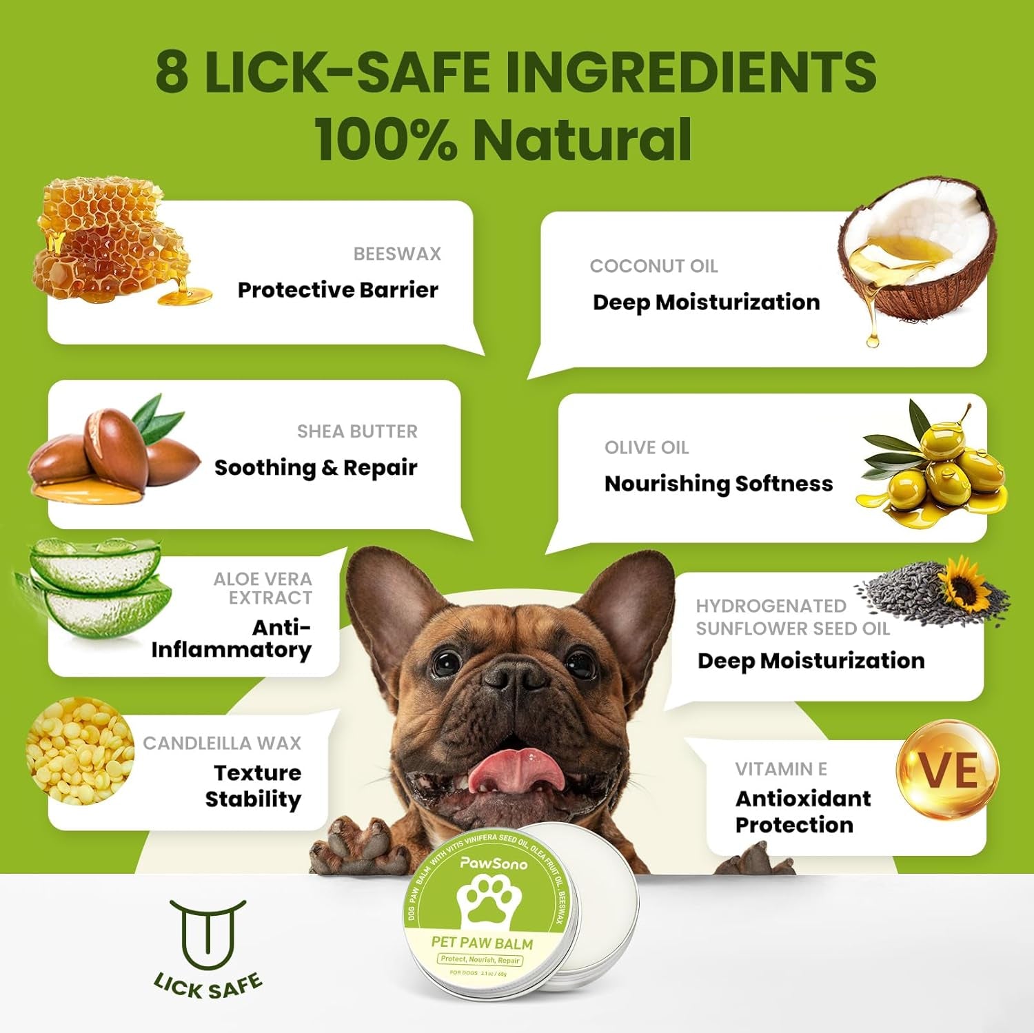 Lick-Safe Dog Paw & Nose Balm with Coconut Oil | All-Natural Moisturizer & Soother for Dry, Cracked Pads & Snout | Summer Hot Pavement & Sand Paw Wax, Nose Butter for Bulldogs (2.1 Oz / 60 G)