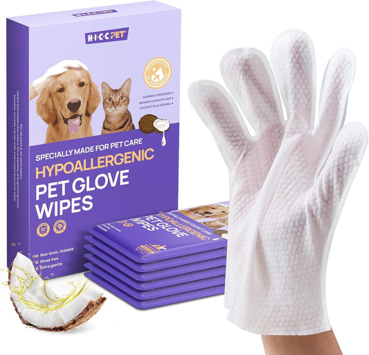 Dog Wipes Cleaning Deodorizing Glove Wipes for Dogs, Cats & Horses, Vet Recommended Hypoallergenic Hydrating & Nourishing Pet Wipes for Eyes, Ears, Butt & Paws, No-Rinse, 6Pcs Coconut Scent