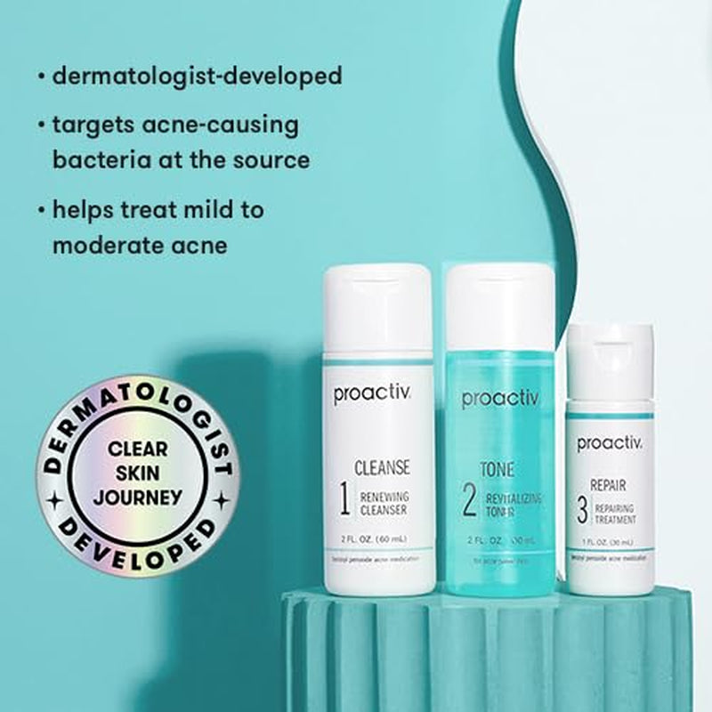 3 Step Acne Treatment - Benzoyl Peroxide Face Wash, Repairing Acne Spot Treatment for Face and Body, Exfoliating Toner - 30 Day Complete Acne Skin Care Kit