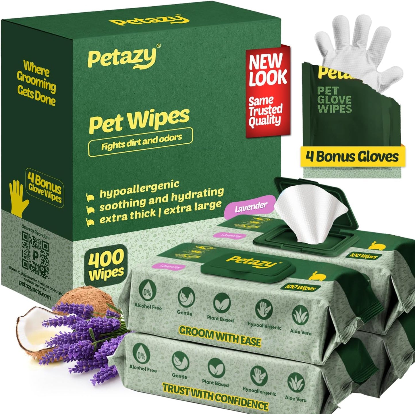 Pet Wipes for Dogs and Cats – 400 Count (8X8In) Hypoallergenic, Deodorizing Dog Wipes for Paws, Ears and Butt | XL with Aloe & Coconut Oil, Lavender Scented | Includes 4 Grooming Glove Wipes