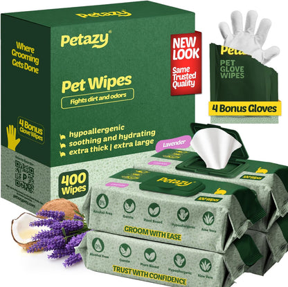 Pet Wipes for Dogs and Cats – 400 Count (8X8In) Hypoallergenic, Deodorizing Dog Wipes for Paws, Ears and Butt | XL with Aloe & Coconut Oil, Lavender Scented | Includes 4 Grooming Glove Wipes