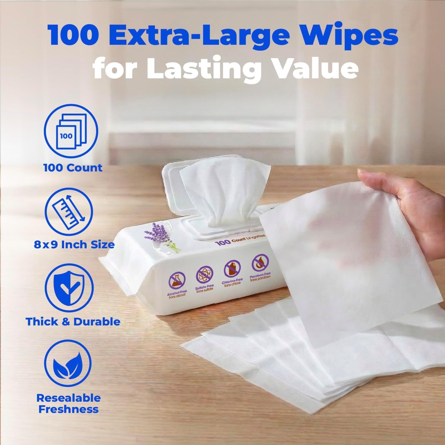 8" X 9" Large Dog Wipes - Cleaning and Deodorizing for Paws and Coat - Gentle Formula with Lavender Vitamin E for Puppies and Cats - 100 Count