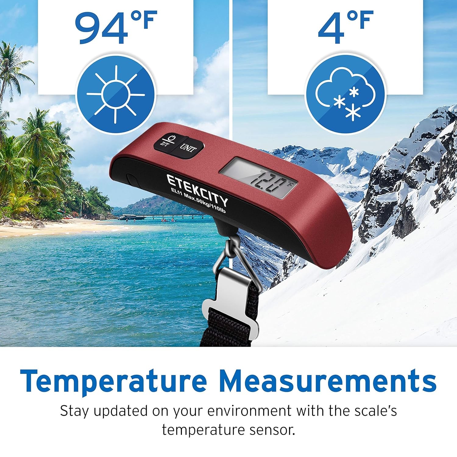Luggage Scale, Digital Weight Scales for Travel Accessories Essentials Suitcases , Portable Handheld Scale with Temperature Sensor, Rubber Paint, 110 Pounds, Battery Included