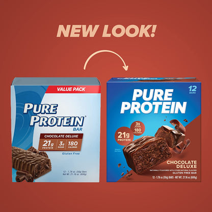 Pure Protein Chocolate Deluxe Protein Bars – 21G Protein, 3G Sugar, 190 Calories (12 Count) Low Sugar* High Protein Snack - Gluten Free - Perfect for a Healthy Snack