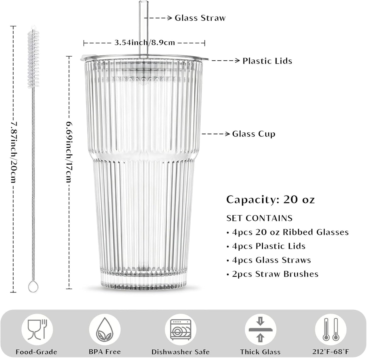 20 Oz Ribbed Glass Tumblers with Lids and Glass Straws – 4-Piece Glassware Set, Thickened Wall, Ideal for Iced Coffee, Smoothies, Cocktails, and Juices – Elegant and Durable Drinkware