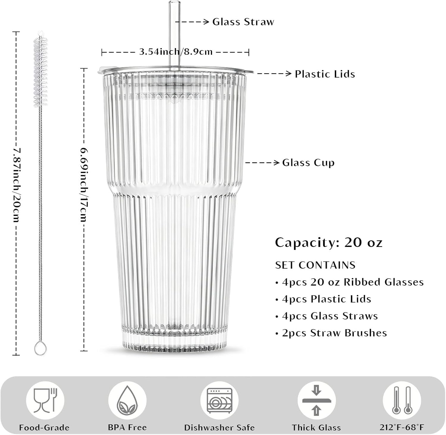 20 Oz Ribbed Glass Tumblers with Lids and Glass Straws – 4-Piece Glassware Set, Thickened Wall, Ideal for Iced Coffee, Smoothies, Cocktails, and Juices – Elegant and Durable Drinkware