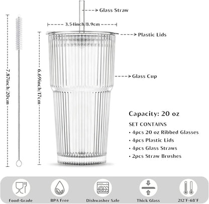 20 Oz Ribbed Glass Tumblers with Lids and Glass Straws – 4-Piece Glassware Set, Thickened Wall, Ideal for Iced Coffee, Smoothies, Cocktails, and Juices – Elegant and Durable Drinkware