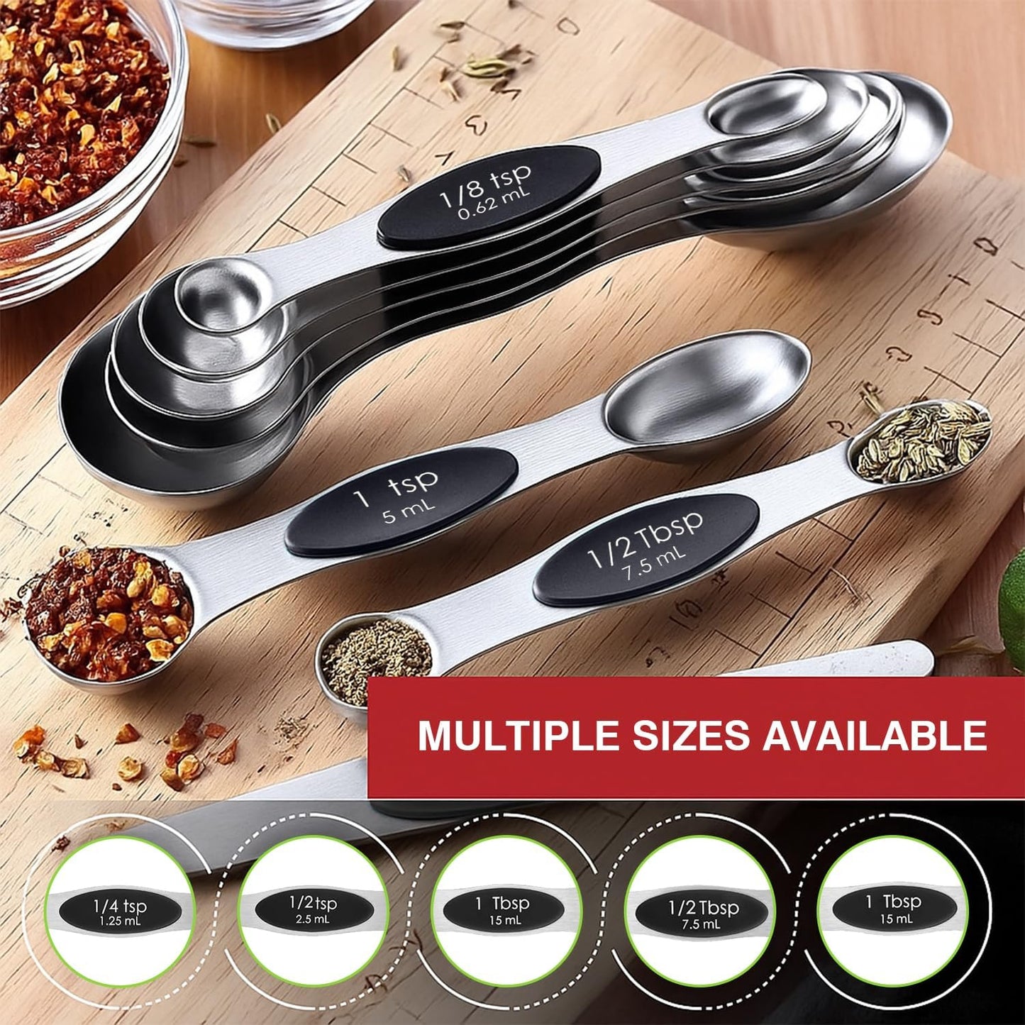 Magnetic Measuring Spoons Set with Strong N45 Magnets, Heavy Duty Stainless Steel Metal, Fits in Most Kitchen Spice Jars for Baking & Cooking, BPA Free, Set of 7 with Leveler, Black