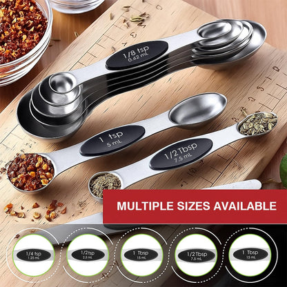Magnetic Measuring Spoons Set with Strong N45 Magnets, Heavy Duty Stainless Steel Metal, Fits in Most Kitchen Spice Jars for Baking & Cooking, BPA Free, Set of 7 with Leveler, Black