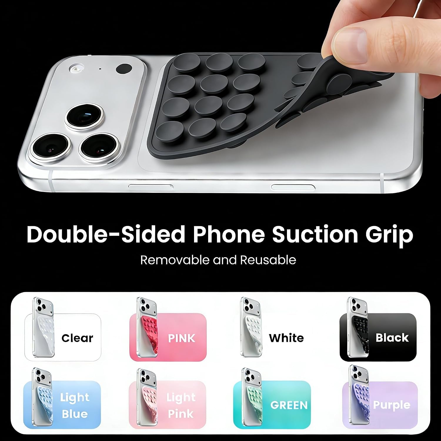 Upgraded Double Sided Silicone Suction Cup Phone Case Mount, Sticky Phone Grip Holder for Hands-Free Selfes & Videos, Reusable Silicone Phone Suction Grip for Iphone & Android, Black
