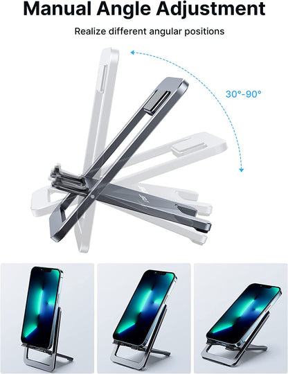 Cell Phone Stand 2-Pack, Foldable Aluminum Adjustable Phone Holder for Desk Portable Travel Essentials Office Accessories for Iphone 17 16 15 14 13 Pro Max Samsung S25 S24 S23 Ultra Kindle-Gray