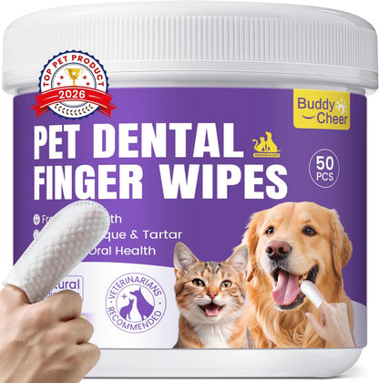 No-Rinse Dog Dental Care Wipes, Cat & Dog Tooth Brushing Kit, Dog Wipes for Pet & Cat Teeth Cleaning, Dog Toothbrush Finger Dental Wipes to Remove Plaque & Tartar, Disposable Dog Wipes - 50 Count