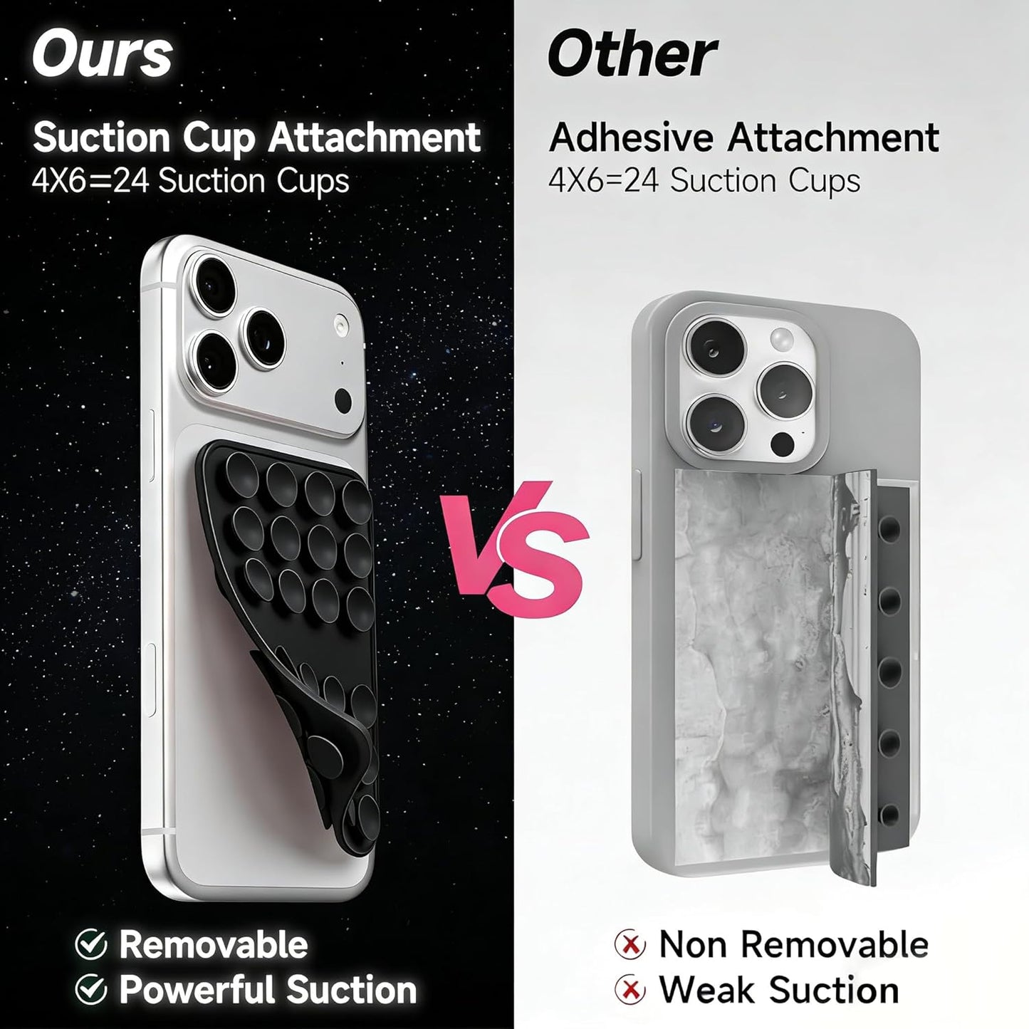 Upgraded Double Sided Silicone Suction Cup Phone Case Mount, Sticky Phone Grip Holder for Hands-Free Selfes & Videos, Reusable Silicone Phone Suction Grip for Iphone & Android, Black