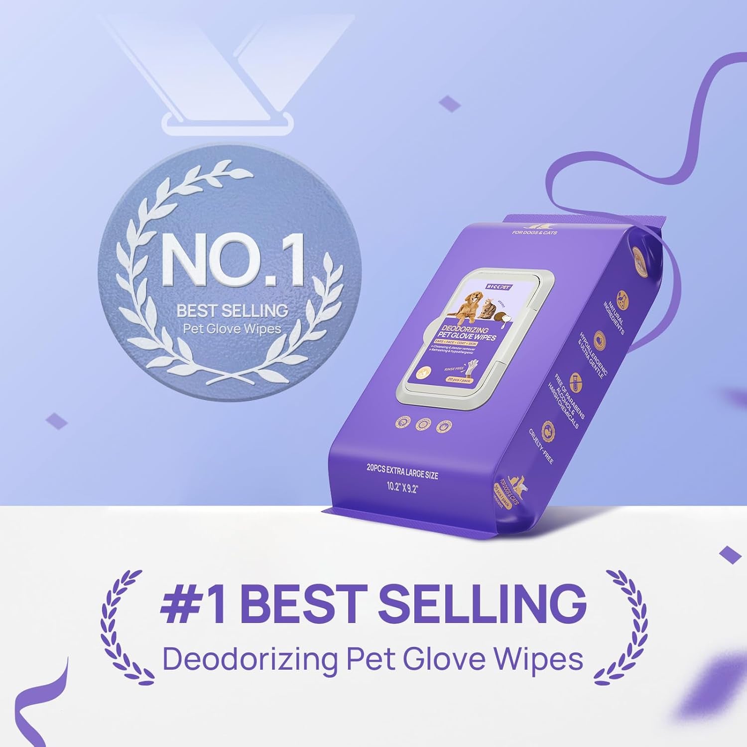 Dog Wipes Cleaning Deodorizing Glove Wipes for Dogs, Cats & Horses, Vet Recommended Hypoallergenic Hydrating & Nourishing Pet Wipes for Eyes, Ears, Butt & Paws, No-Rinse, 20Pcs Coconut Scent