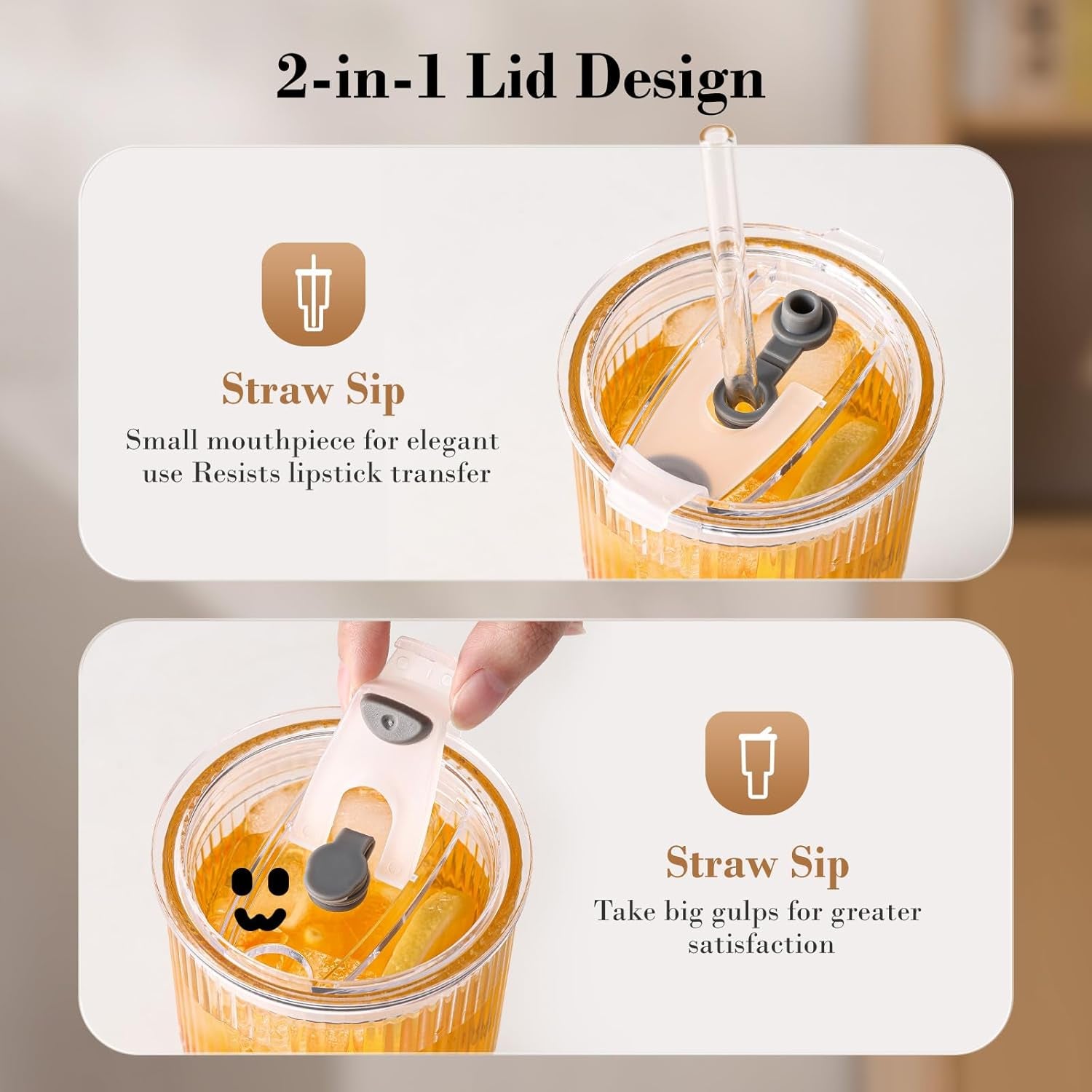 20Oz Glass Tumblers with Straws and Lids, Ribbed Iced Coffee Cups Leak-Proof, Dishwasher Safe, Thickened Glass Cups with Lids Ideal for Coffee and Travel, Clear, 4 Pack