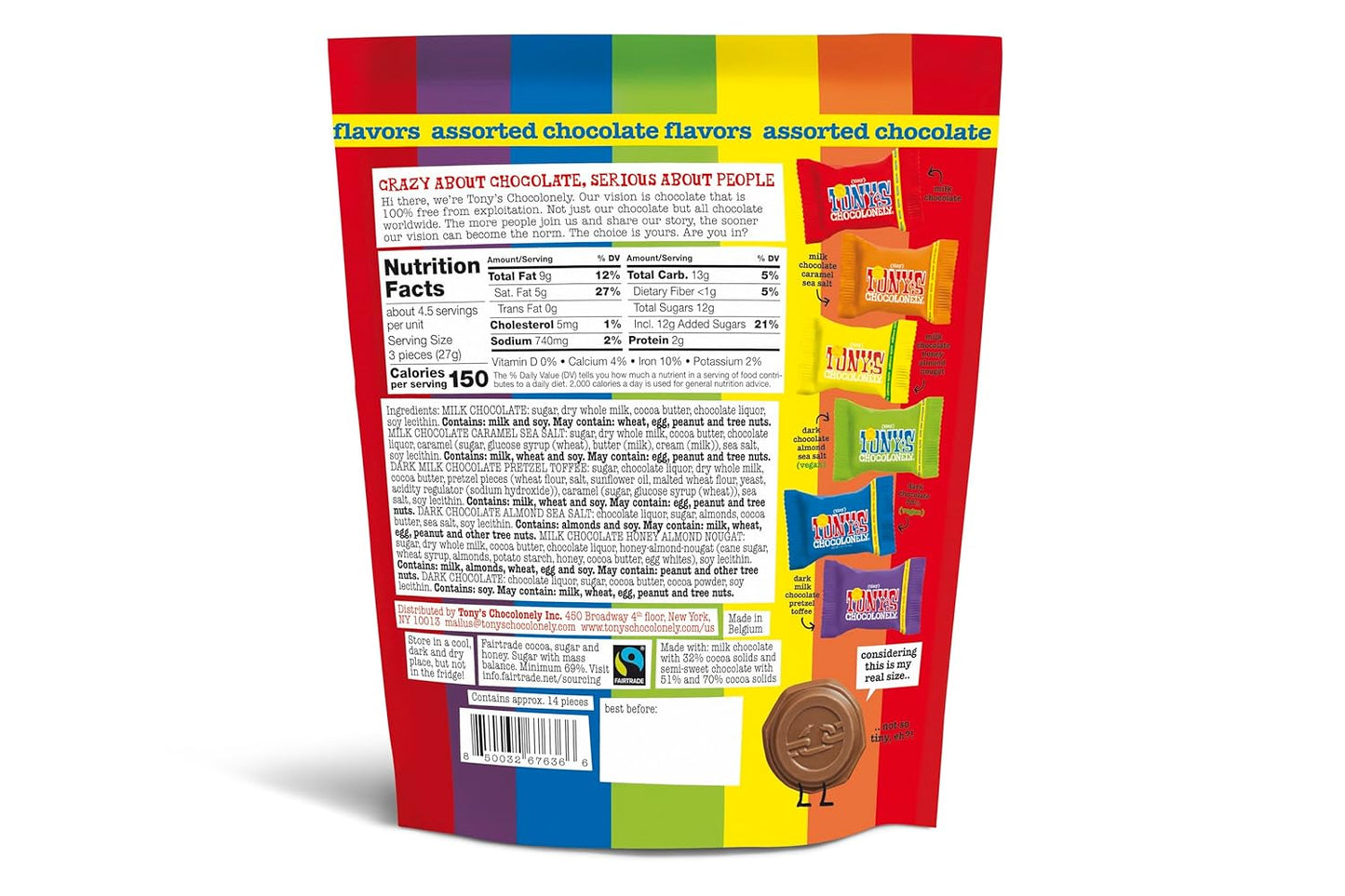Tony’S Chocolonely Assorted Chocolate Candy Pieces, Belgian Milk & Dark Chocolate, Caramel Sea Salt, Almond Sea Salt, Honey Almond Nougat, Pretzel Toffee, Made from Quality Fairtrade Cocoa, 4.44 Oz
