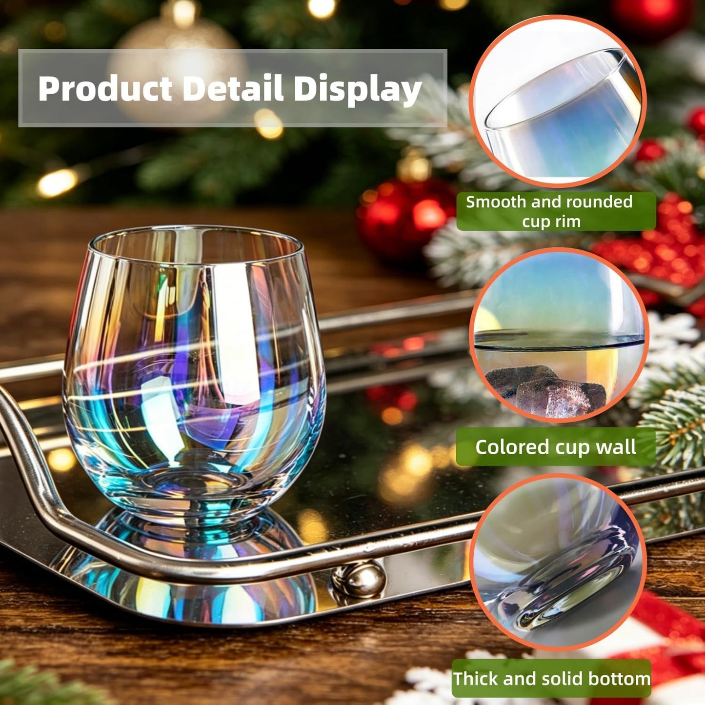 Stemless Red Wine Glasses, 12 Oz.,Iridescent Glassware, Dishwasher-Safe, 4-Piece Set