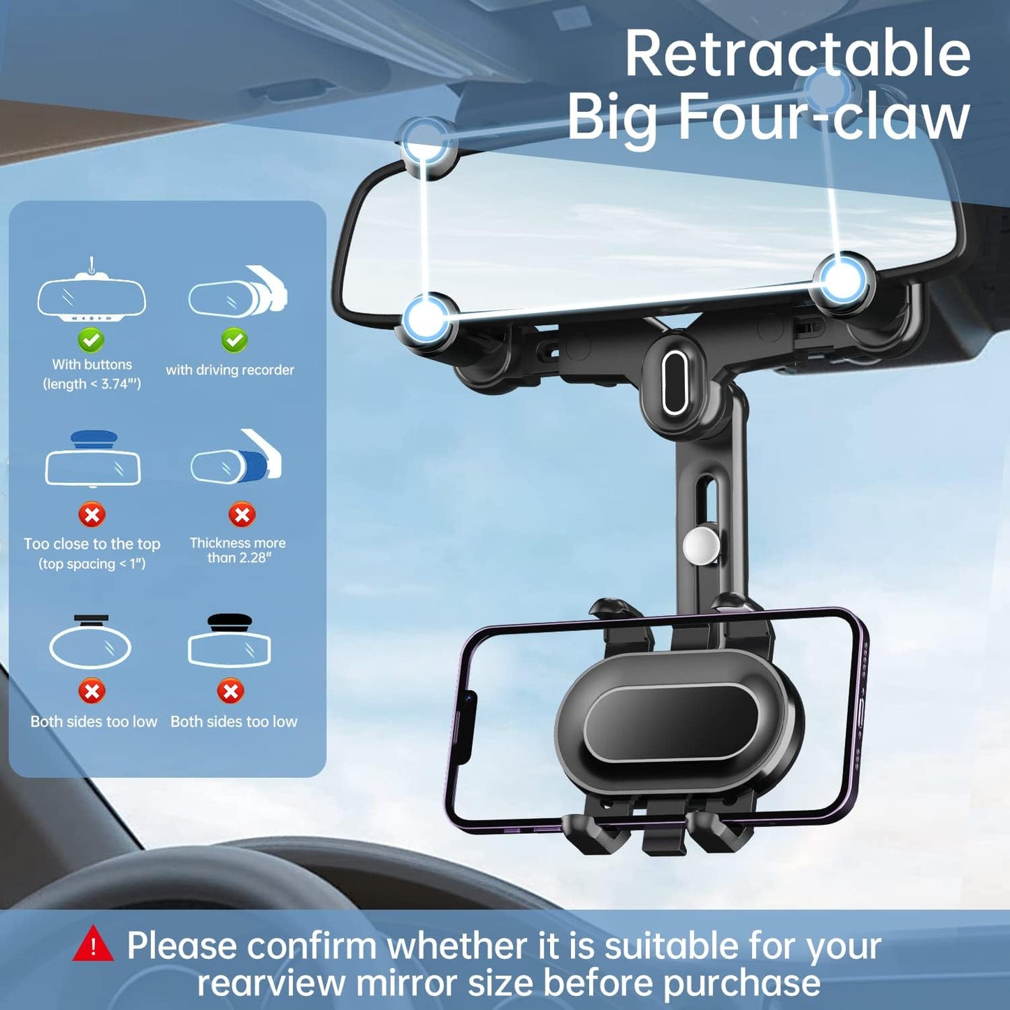 Rearview Mirror Phone Holder for Car,360°Rotatable and Retractable Multifunctional Rear View Mirror Phone Holder,Four Corners Fixed Anti-Shake Design,For All Mobile Phones and All Car