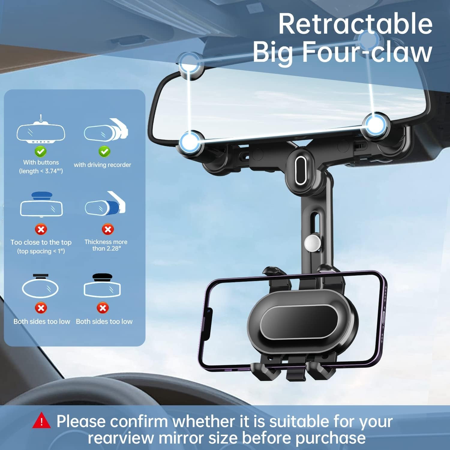 Rearview Mirror Phone Holder for Car,360°Rotatable and Retractable Multifunctional Rear View Mirror Phone Holder,Four Corners Fixed Anti-Shake Design,For All Mobile Phones and All Car