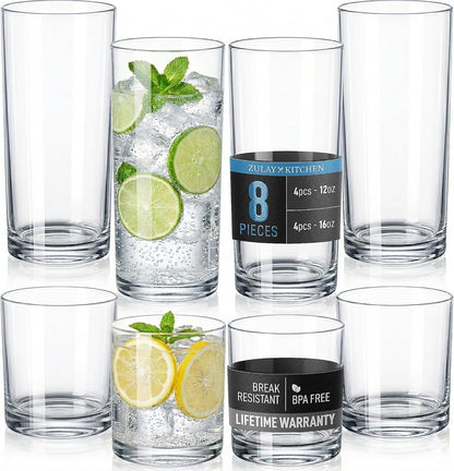 Plastic Drinking Glasses (Set of 8) – Mixed 16Oz & 12Oz Acrylic Shatterproof Cups for Home, Kitchen & Outdoors – Crystal Clear Glass Look – BPA & Lead-Free – Top-Rack Dishwasher Safe