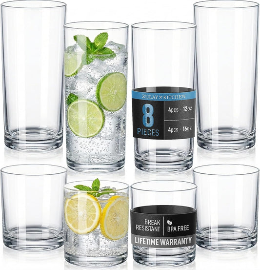 Plastic Drinking Glasses (Set of 8) – Mixed 16Oz & 12Oz Acrylic Shatterproof Cups for Home, Kitchen & Outdoors – Crystal Clear Glass Look – BPA & Lead-Free – Top-Rack Dishwasher Safe