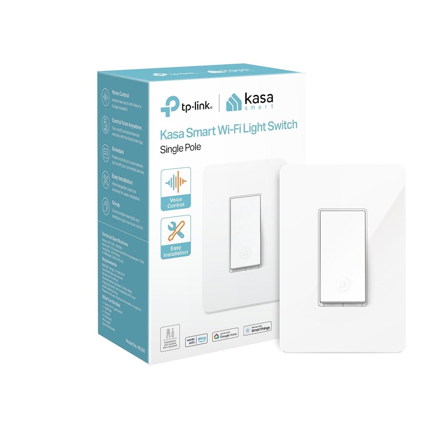 Kasa Smart Light Switch HS200, Single Pole, Needs Neutral Wire, 2.4Ghz Wi-Fi Light Switch Works with Google Home, UL Certified, No Hub Required, White