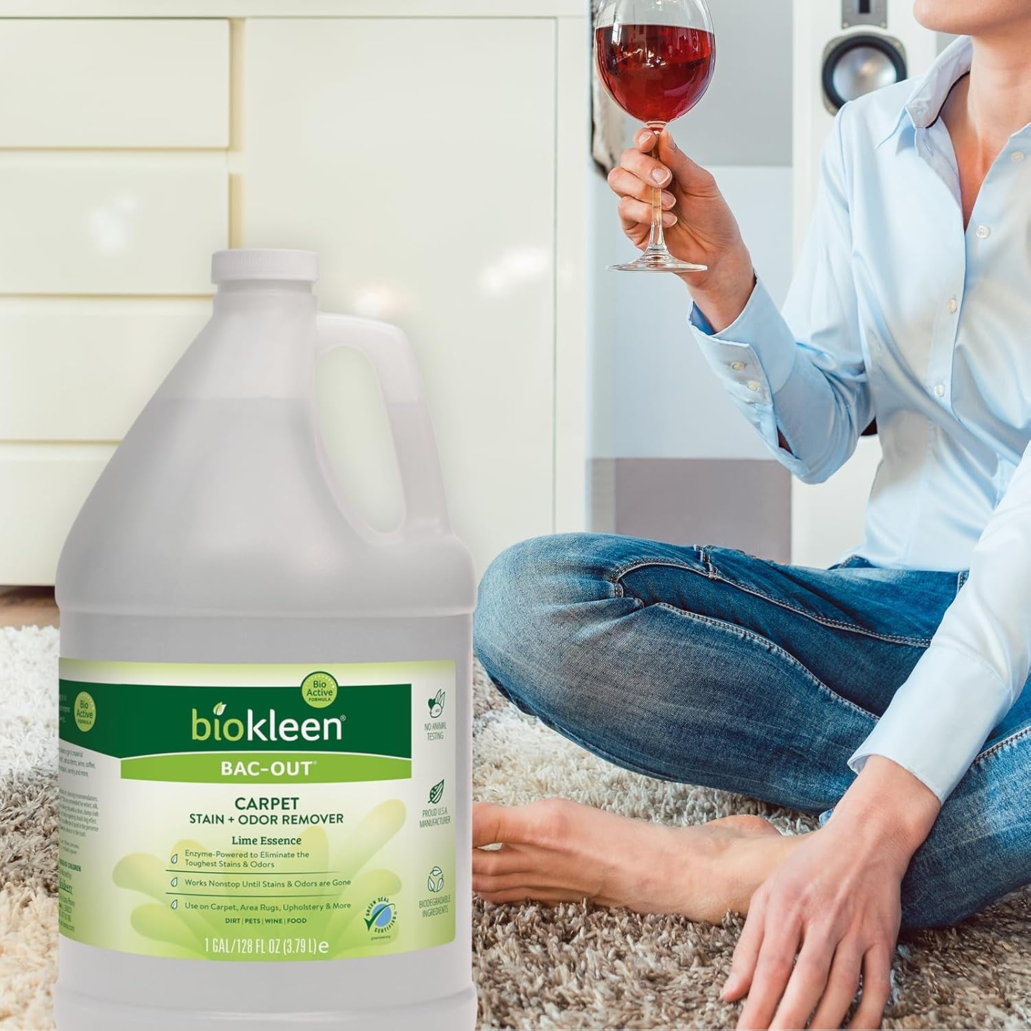 Bac-Out Enzyme Cleaner and Stain & Odor Remover for Pet Stains, Laundry, Diapers, Wine, Carpets, & More, Eco-Friendly, Non-Toxic, Lime Scent, 128 Ounces