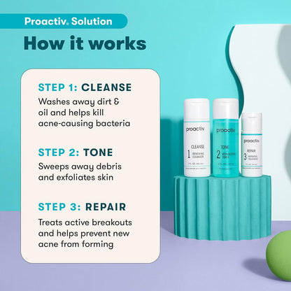 3 Step Acne Treatment - Benzoyl Peroxide Face Wash, Repairing Acne Spot Treatment for Face and Body, Exfoliating Toner - 30 Day Complete Acne Skin Care Kit